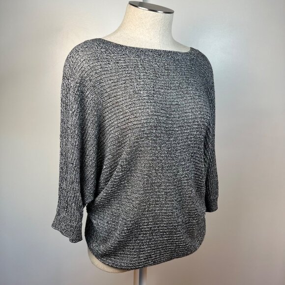 EXPRESS Black and White Marled Mesh Dolman 3/4 Sleeve Knit Sweater Size Medium - Picture 2 of 9